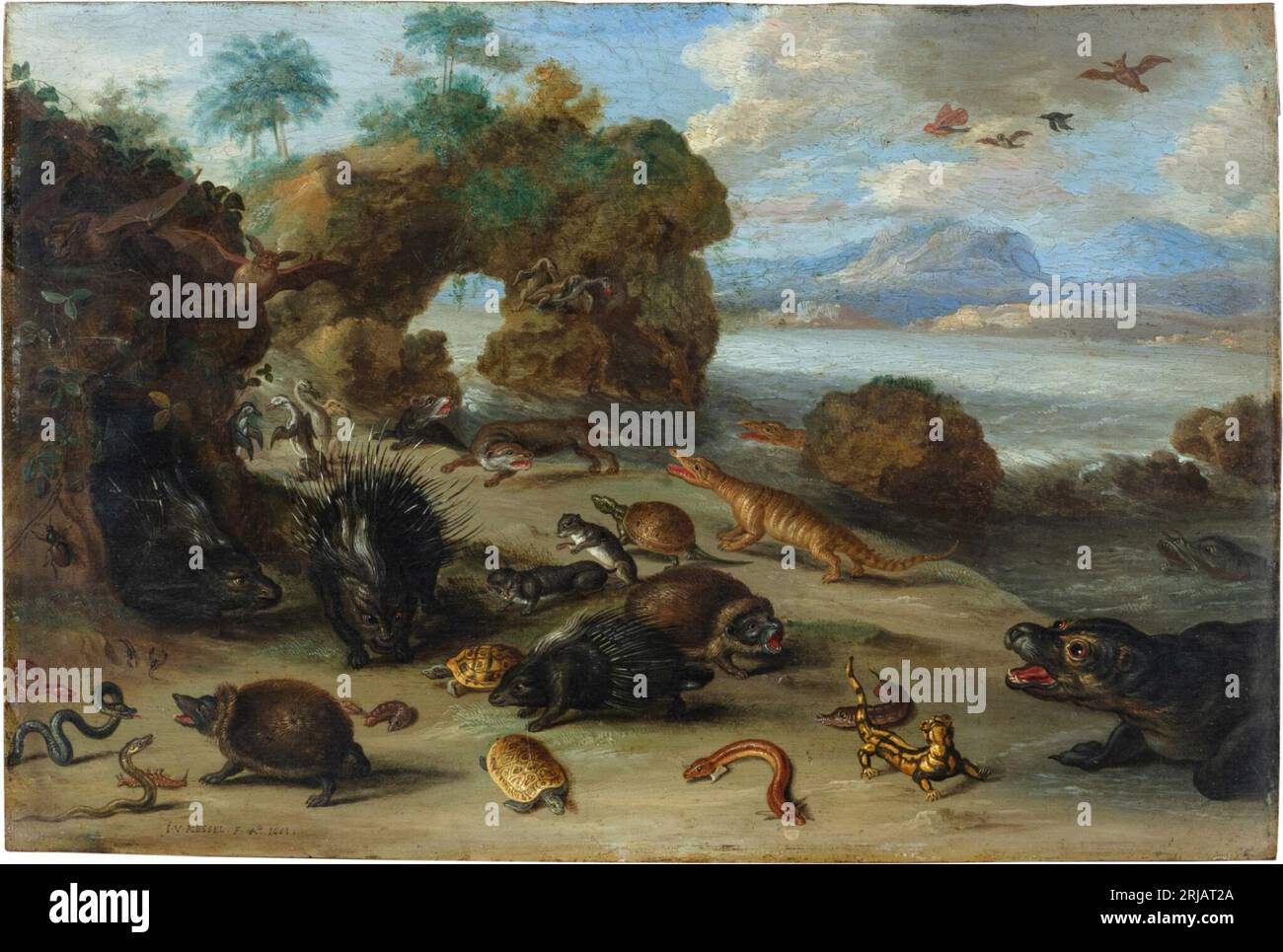 Paesaggio costiero con foche e calamari 1661 di Jan van Kessel il Vecchio Foto Stock