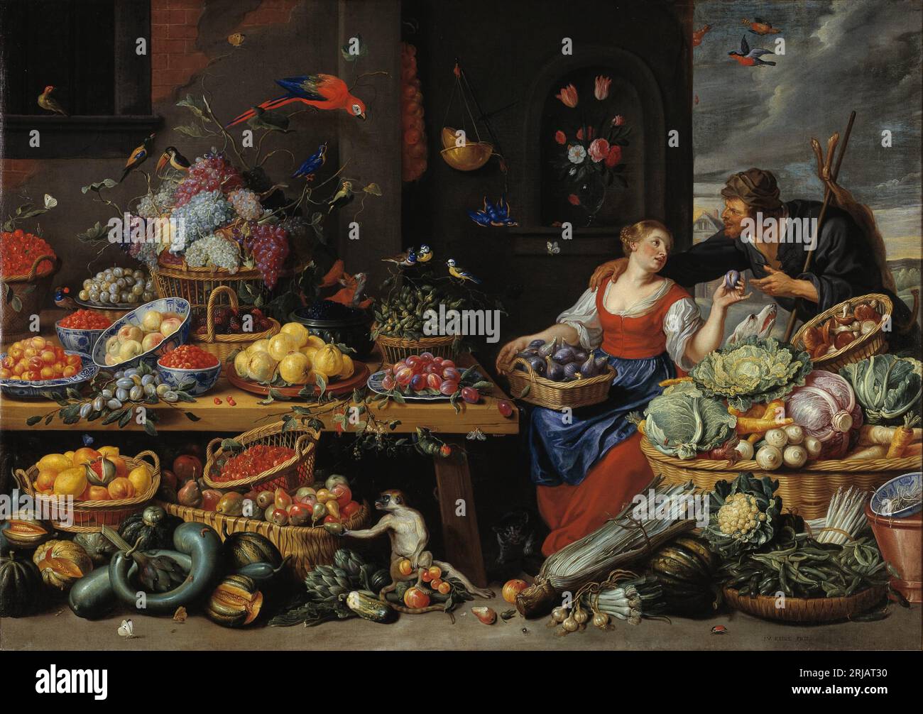 Mercato ortofrutticolo con un giovane venditore di frutta tra il 1650 e il 1660 di Jan van Kessel il Vecchio Foto Stock