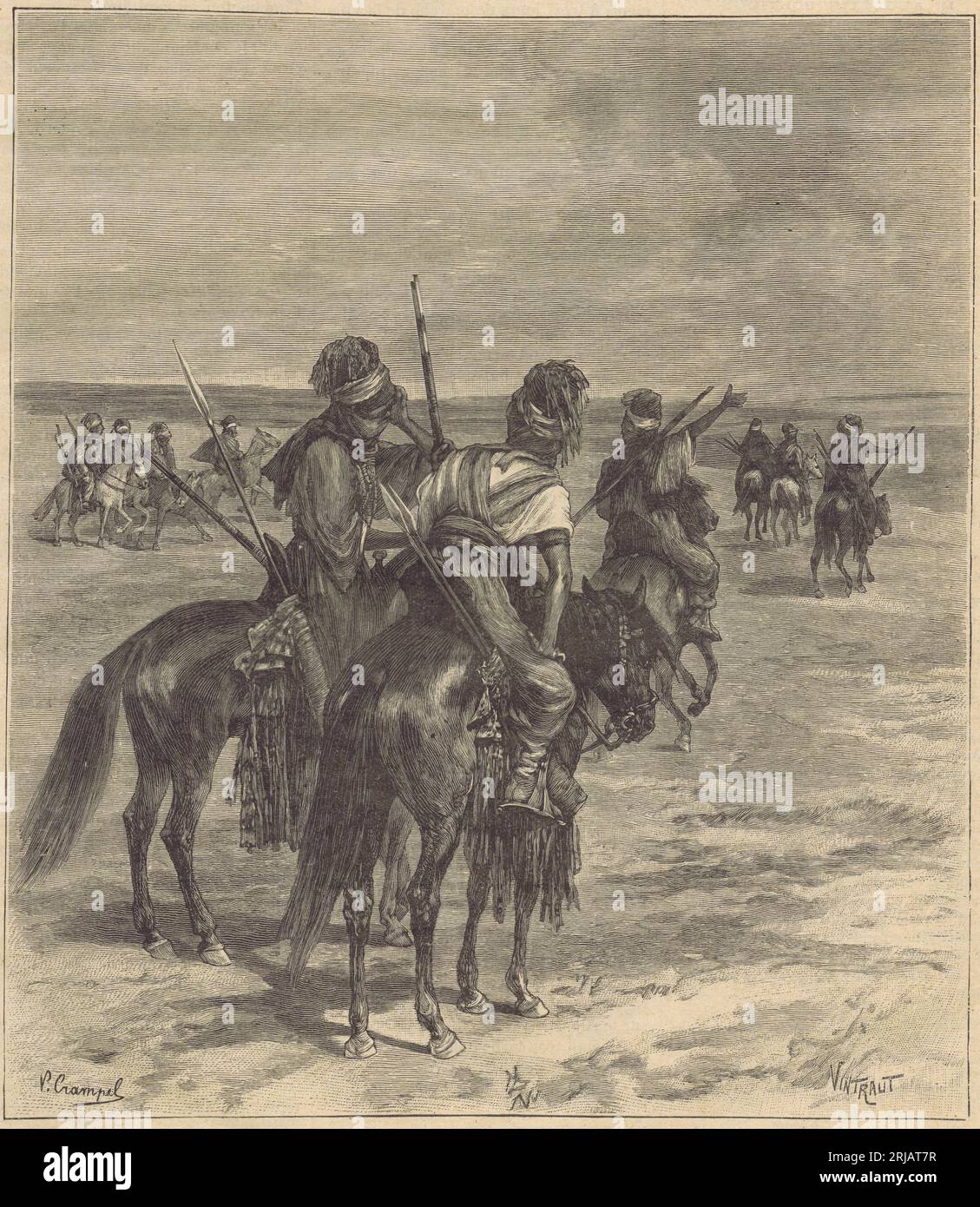 tuaregs on Horses, Jounral des Voyages, 1894, incisore Godefroy Frédéric Vintraut, illustratore Paule Crampel Foto Stock