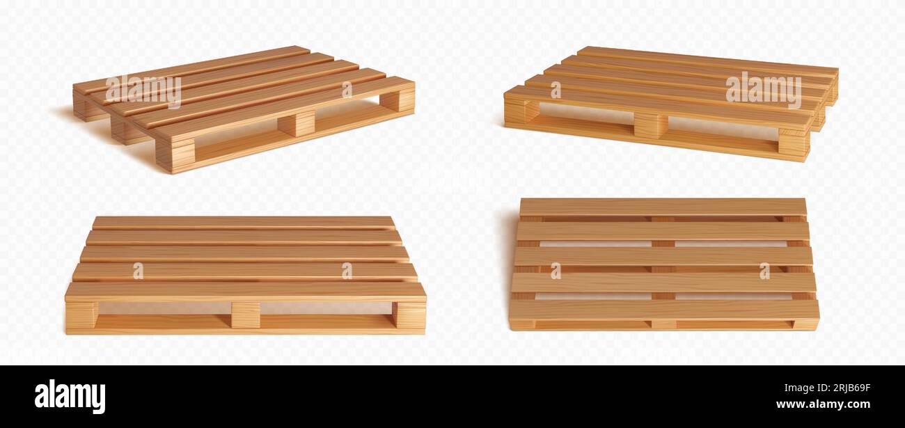 pallet in legno 3d per vettoriale isolato per imballaggi in casse. Piattaforma per vassoio di carico in legno per magazzino o set di risorse di stoccaggio. Scheda di consegna con rendering realistico della trama del materiale in legno e vista diversa Illustrazione Vettoriale