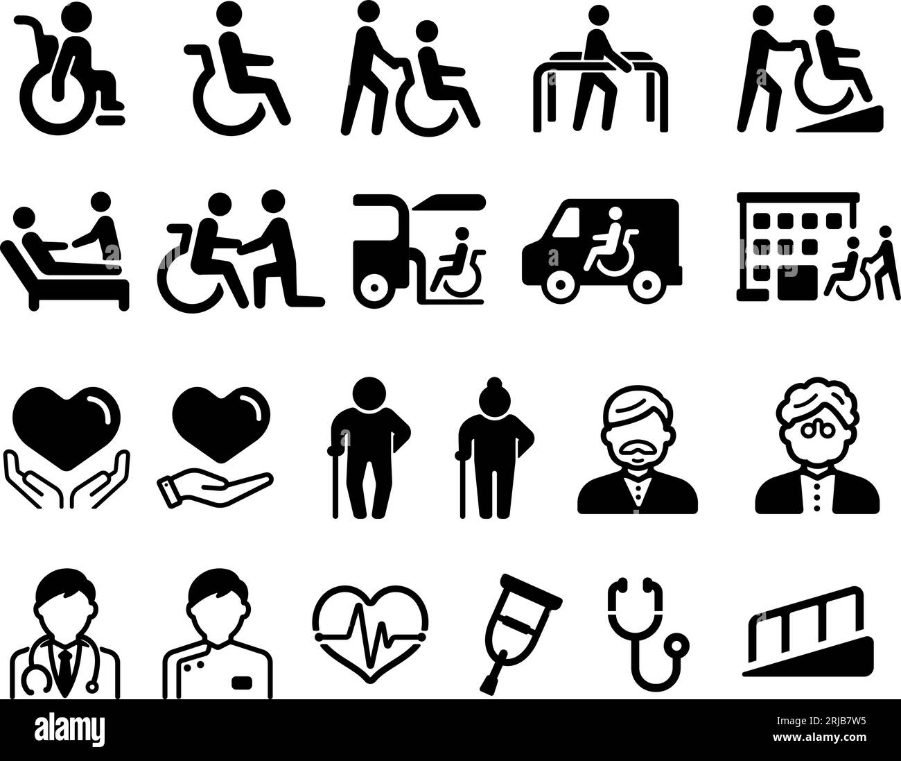 Illustrazioni di icone vettoriali relative al benessere degli anziani, delle persone con disabilità, ecc. Illustrazione Vettoriale