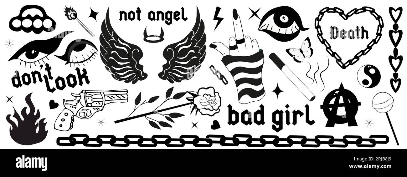 Adesivi estetici grunge emo gotici neri Y2K 2000, elementi per tatuaggi e slogan. Set punk rock cupo. Concetto gotico di amore inquietante. Vettore Illustrazione Vettoriale