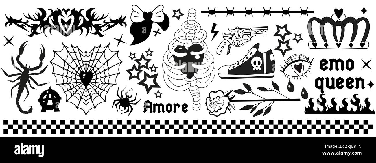 Adesivi estetici grunge emo gotici neri Y2K 2000, elementi per tatuaggi e slogan. Set punk rock cupo. Concetto gotico di amore inquietante. Vettore Illustrazione Vettoriale