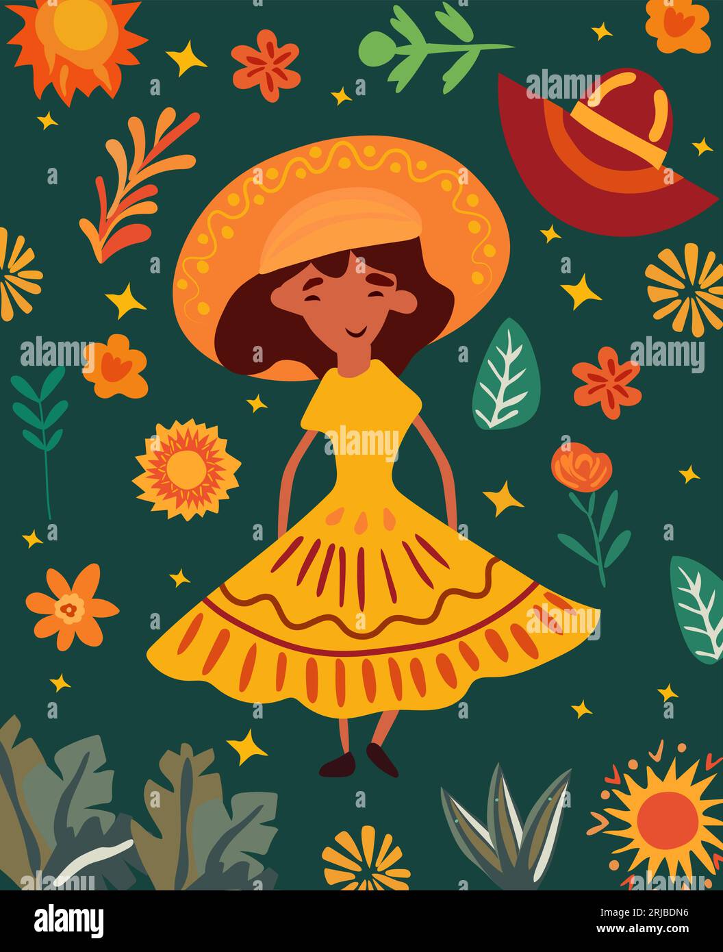 Dia de los Muertos, vacanza messicana con ragazza in cappello, fiori colorati e foglie intorno. Perfetto per Web, poster, striscioni, biglietti da visita. Vettore Illustrazione Vettoriale