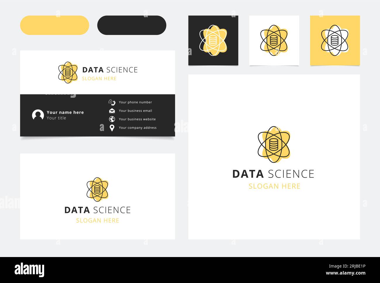Design del logo Data Science con slogan modificabile. Libro di branding e modello di biglietto da visita. Illustrazione Vettoriale