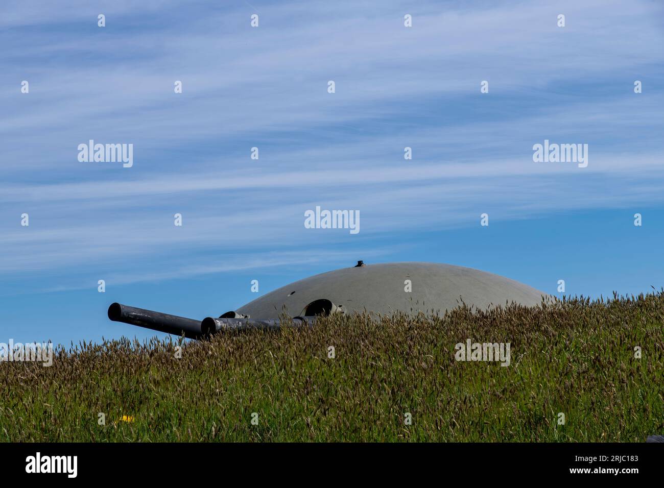 Westbeemster, Paesi Bassi-aprile 2022; vista ravvicinata del cannone a torretta girevole su Fort Spijkerboor appena sopra la collina erbosa; più importante f Foto Stock