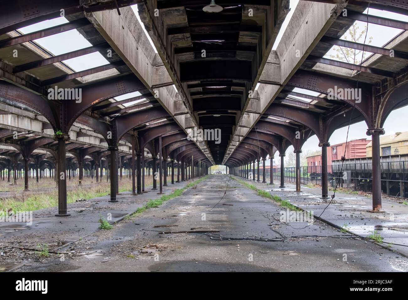 Jersey City, New Jersey, USA-maggio 2022: Vista interna dei capannoni dei treni di piante infestanti della Central Railroad del New Jersey Terminal (Co Foto Stock