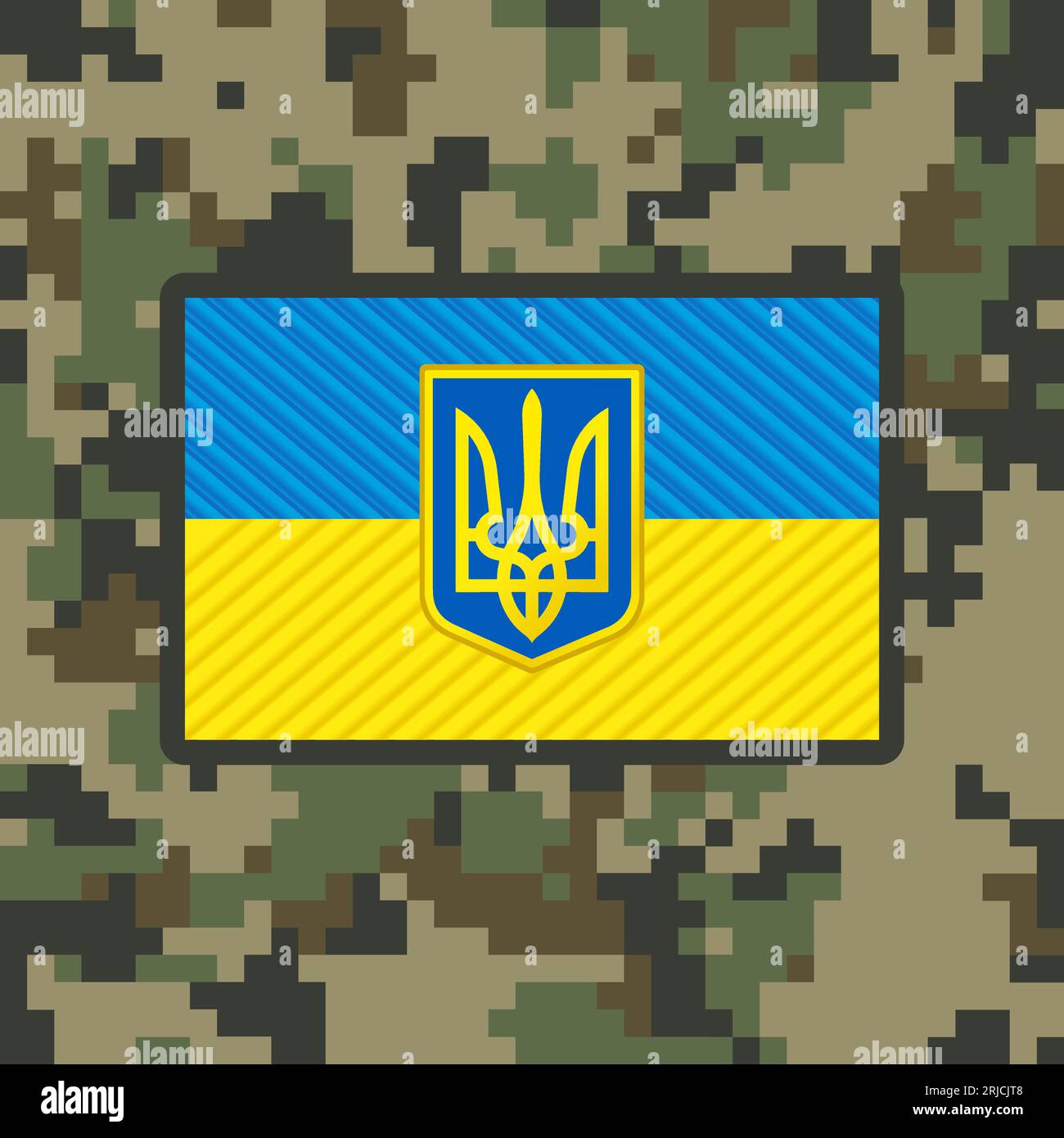 Patch bandiera militare dell'esercito ucraino su sfondo mimetico pixel. Fermacravatta con bandiera 3d Ucraina su emblema nazionale ucraino, macchie ricamate Illustrazione Vettoriale