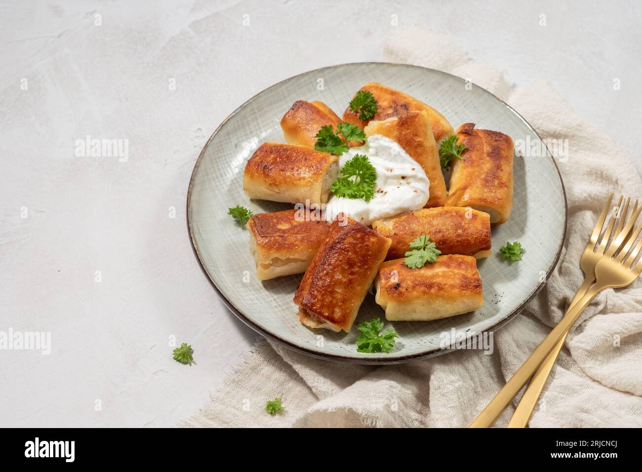 Crepes fatte in casa ripiene di carne Foto Stock