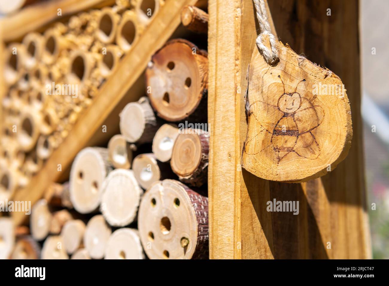 Primo piano della piccola etichetta dell'hotel Nsect con disegno delle api Foto Stock