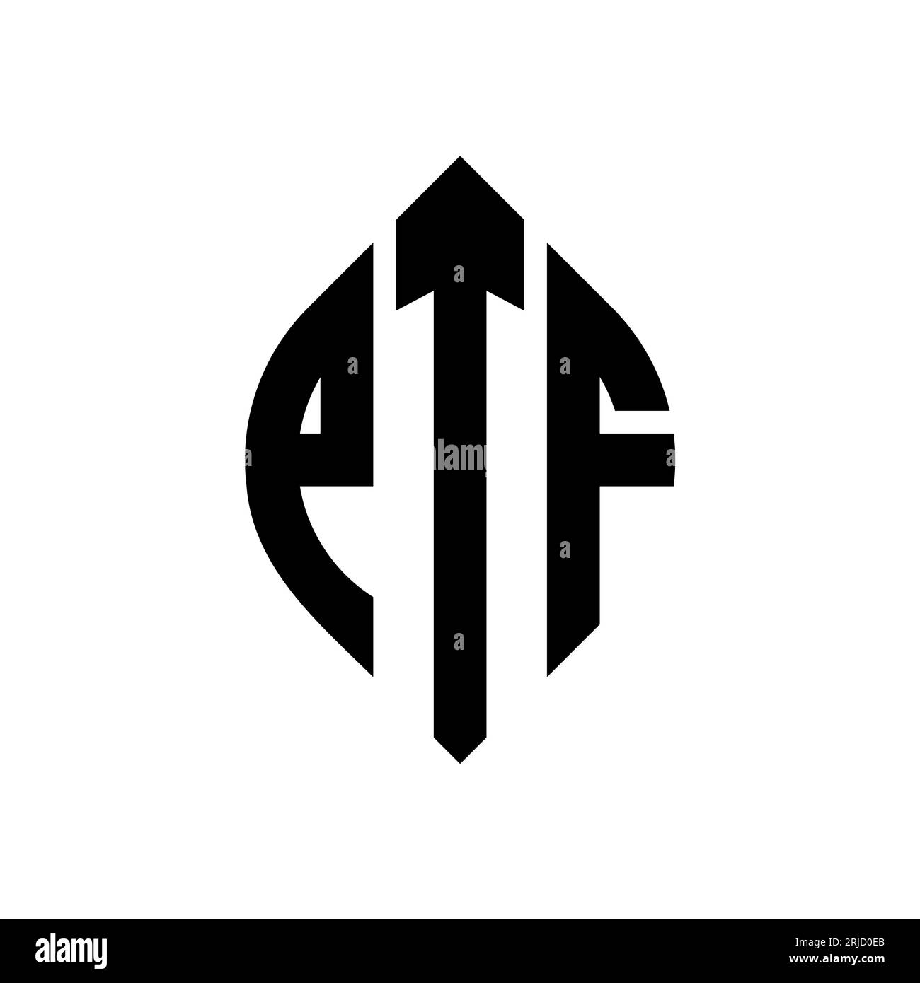 Logo PTF a lettera circolare con forma circolare ed ellisse. Lettere ellittiche PTF con stile tipografico. Le tre iniziali formano un logo circolare. PTF ci Illustrazione Vettoriale