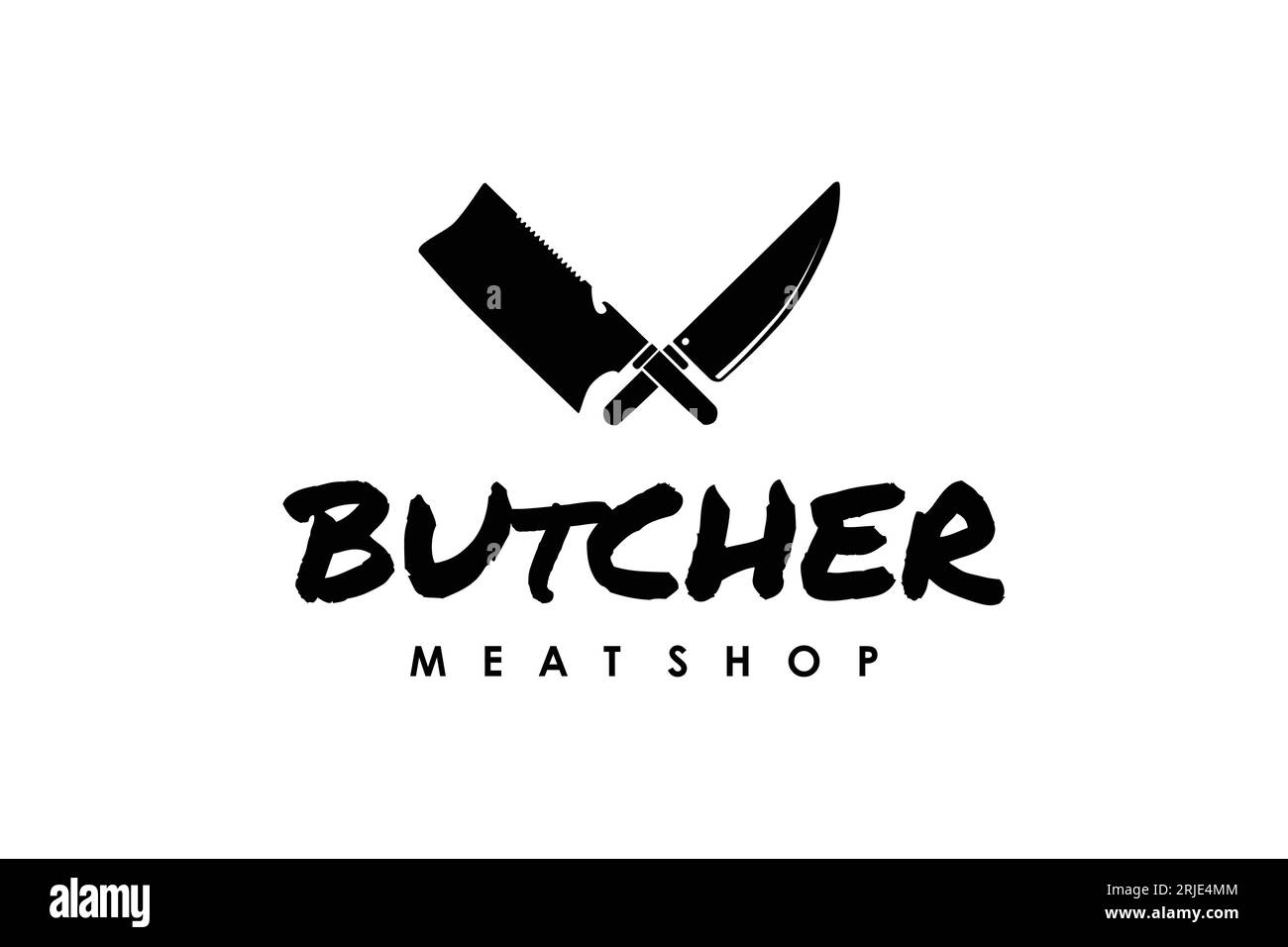 Logo Butcher Shop con coltello a leva incrociato dal design vettoriale Illustrazione Vettoriale