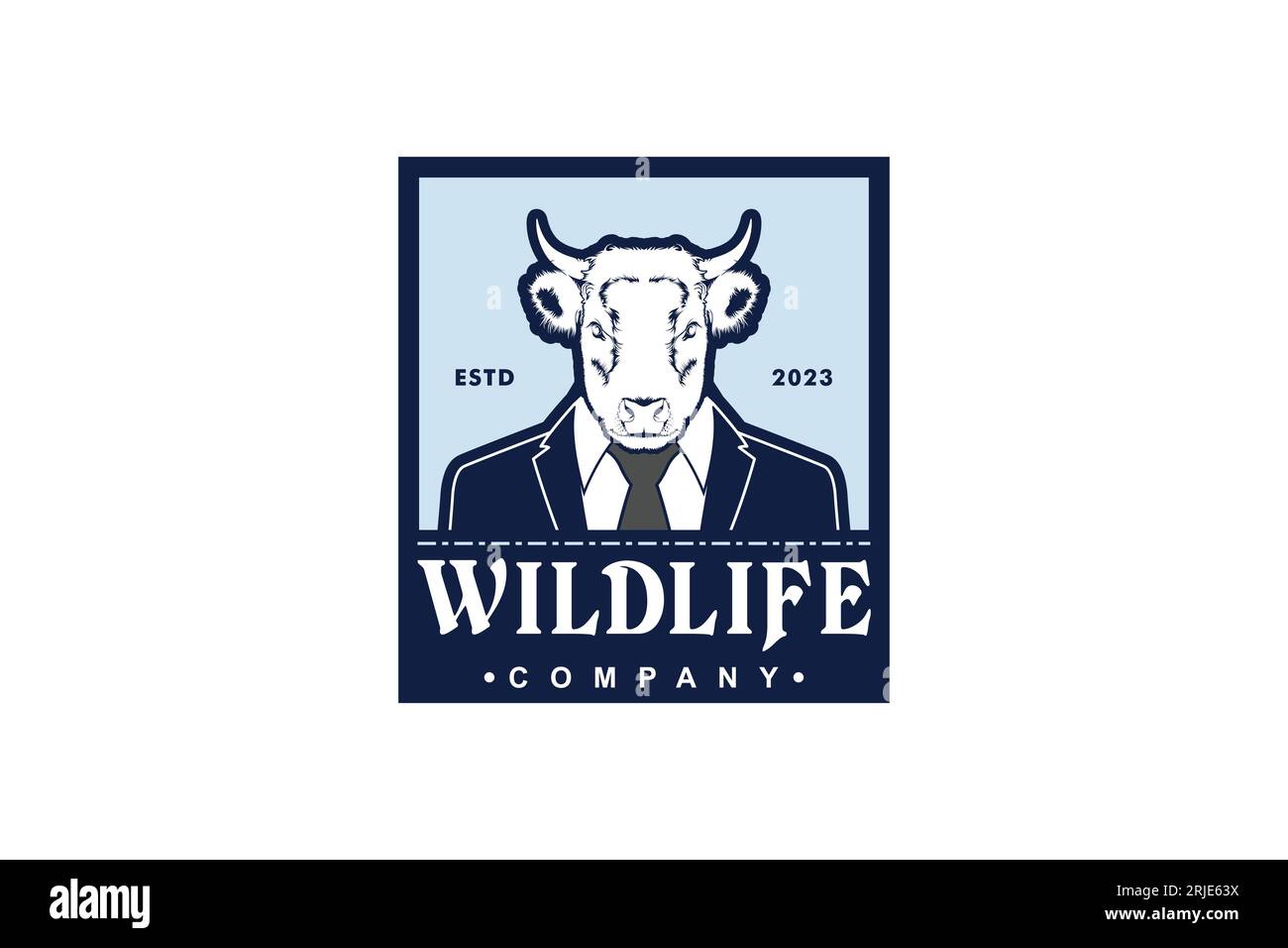 Cow Buffalo uomo d'affari Label for Company Logo, Livestock, regista cinematografico. Illustrazione della testa di una mucca, Buffalo, Bull che indossa una tuta da ufficio Illustrazione Vettoriale