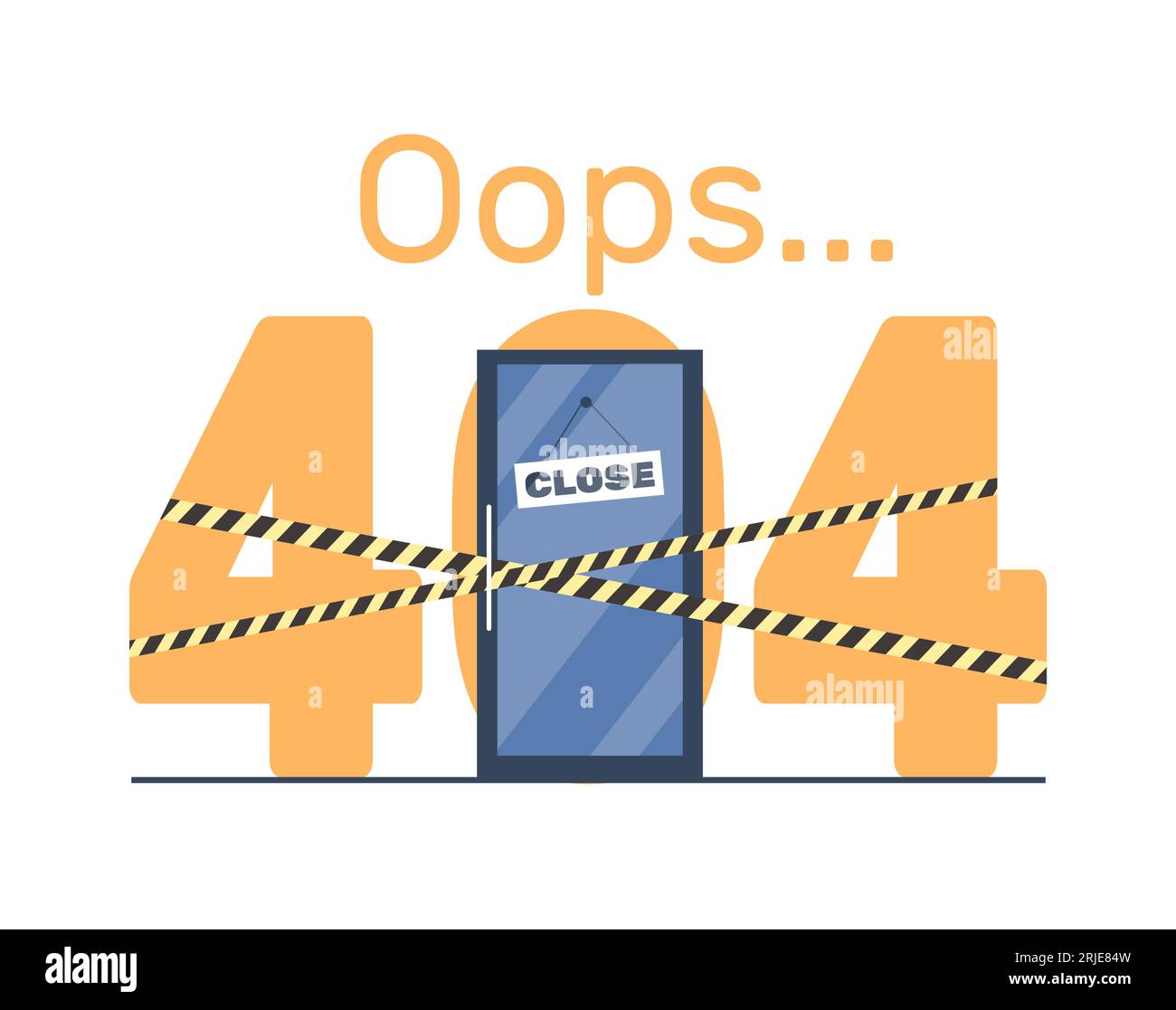 Modello di progettazione della pagina degli errori Joke 404 con sportello chiuso e nastri a barricata. Progettazione di banner Web. Errore pagina Web. Problemi con Internet, sito web Illustrazione Vettoriale