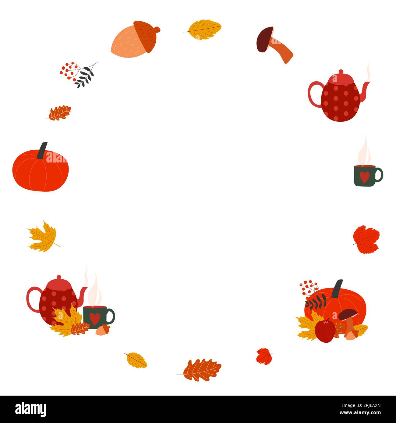 Incorniciatura autunnale con tè caldo, funghi, zucca, ghianda e foglie autunnali. Illustrazione vettoriale piatta. Illustrazione Vettoriale
