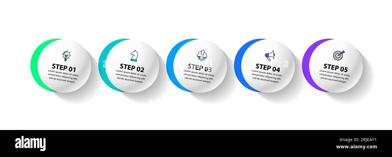 Modello infografico con icone e 5 opzioni o passaggi. Cerchi circolari. Può essere utilizzato per layout del flusso di lavoro, diagrammi, banner, webdesign. Illustrati vettoriali Illustrazione Vettoriale