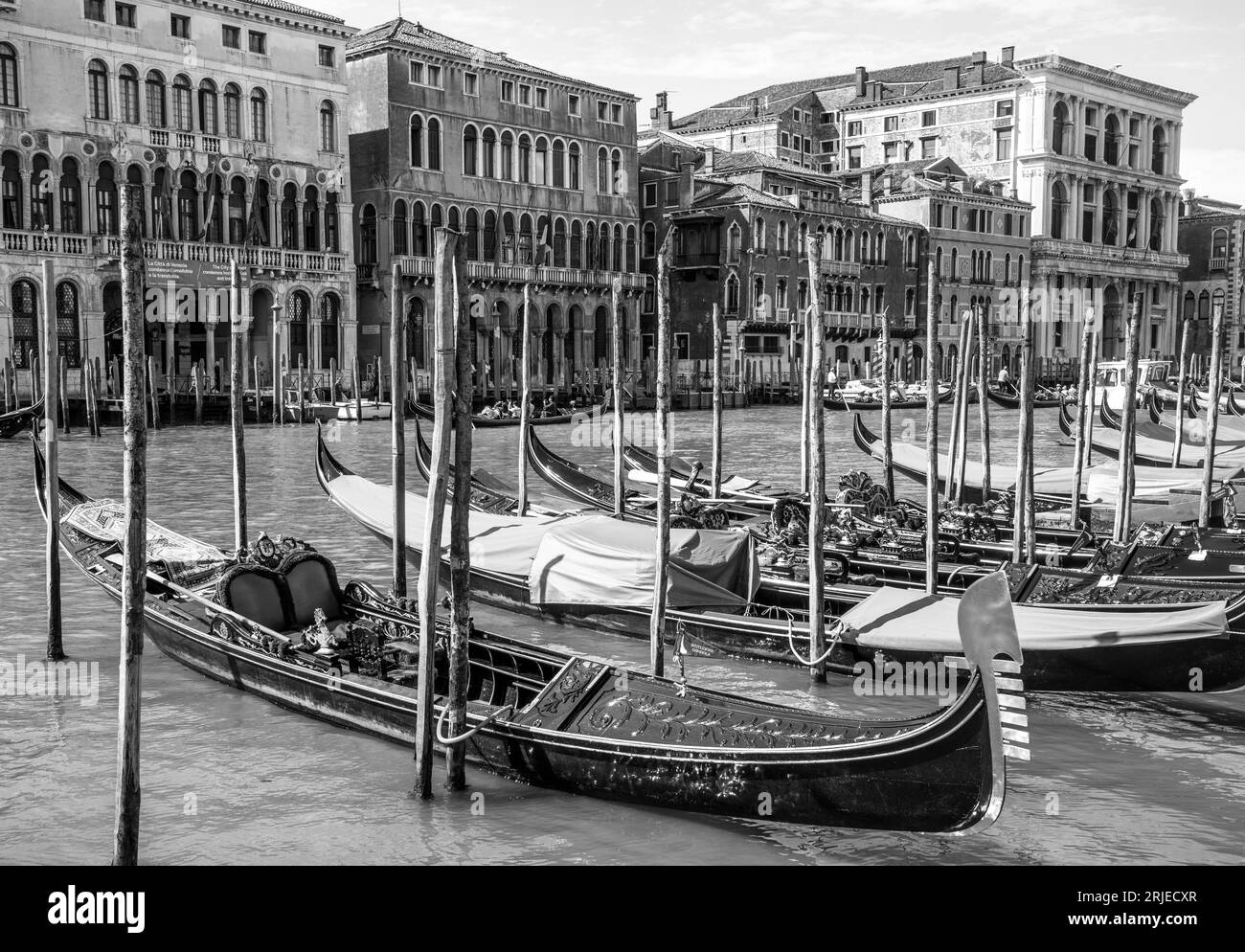 Le gondole sono ormeggiate sul Canal grande a Venezia, Italia Foto Stock