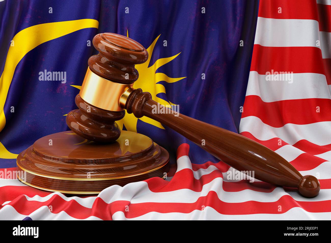 Legge malese e concetto di giustizia. Gavel in legno sulla bandiera della Malesia, rendering 3D. Foto Stock