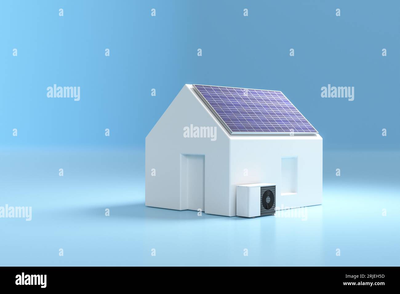 Modellare la casa con pannello solare e pompa di calore. Concetto di generazione di energia e riscaldamento sostenibili con pompe di calore elettriche. Foto Stock