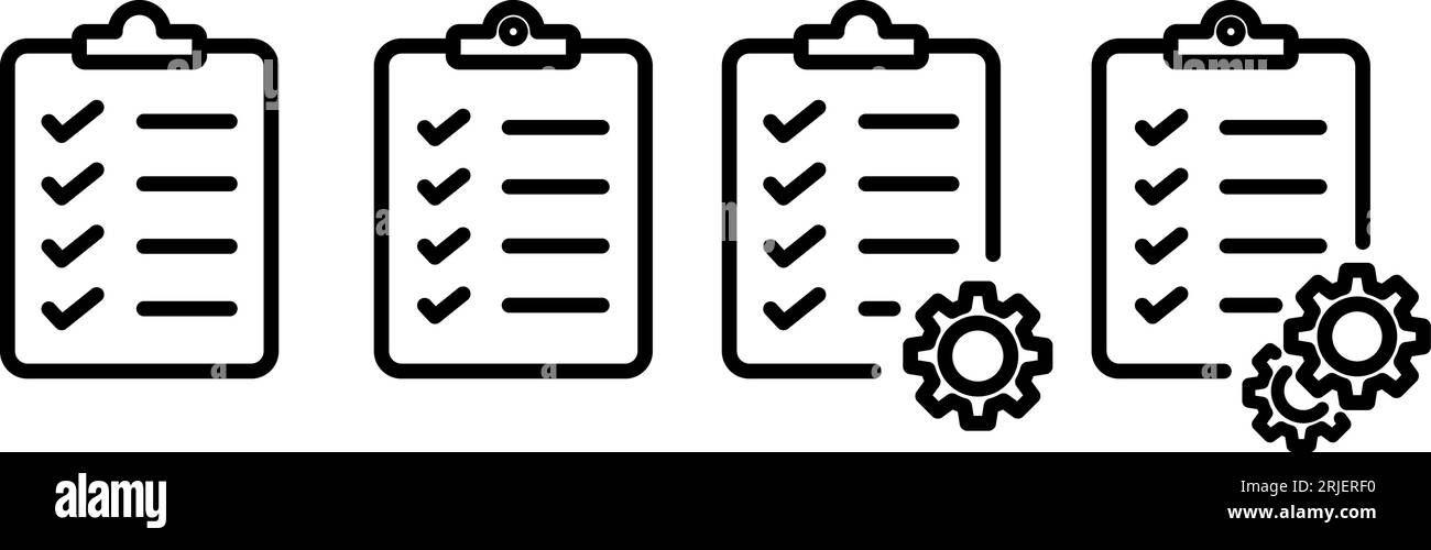 Set di icone lineari della lista di controllo come supporto tecnico o concetto di contratto Illustrazione Vettoriale