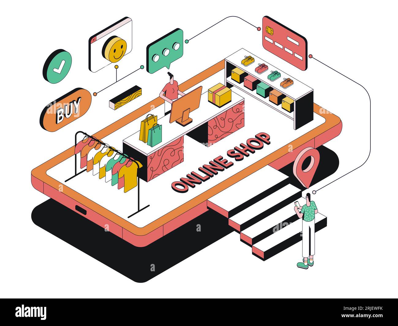 Illustrazione moderna del design isometrico dell'e-Commerce. Concetto di shopping online. Può essere utilizzato per siti Web e siti Web mobili o Landing page. Facile da modificare Illustrazione Vettoriale
