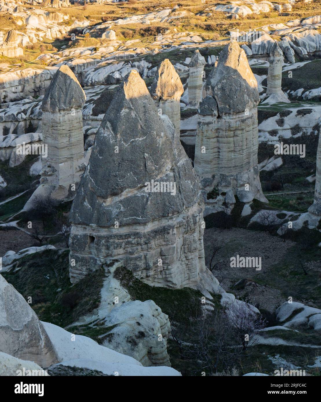 Ammira il paesaggio all'alba con mongolfiere che volano su profondi canyon, valli del Parco nazionale Goreme della Cappadocia, Turchia, vista aerea dall'alto. Foto Stock