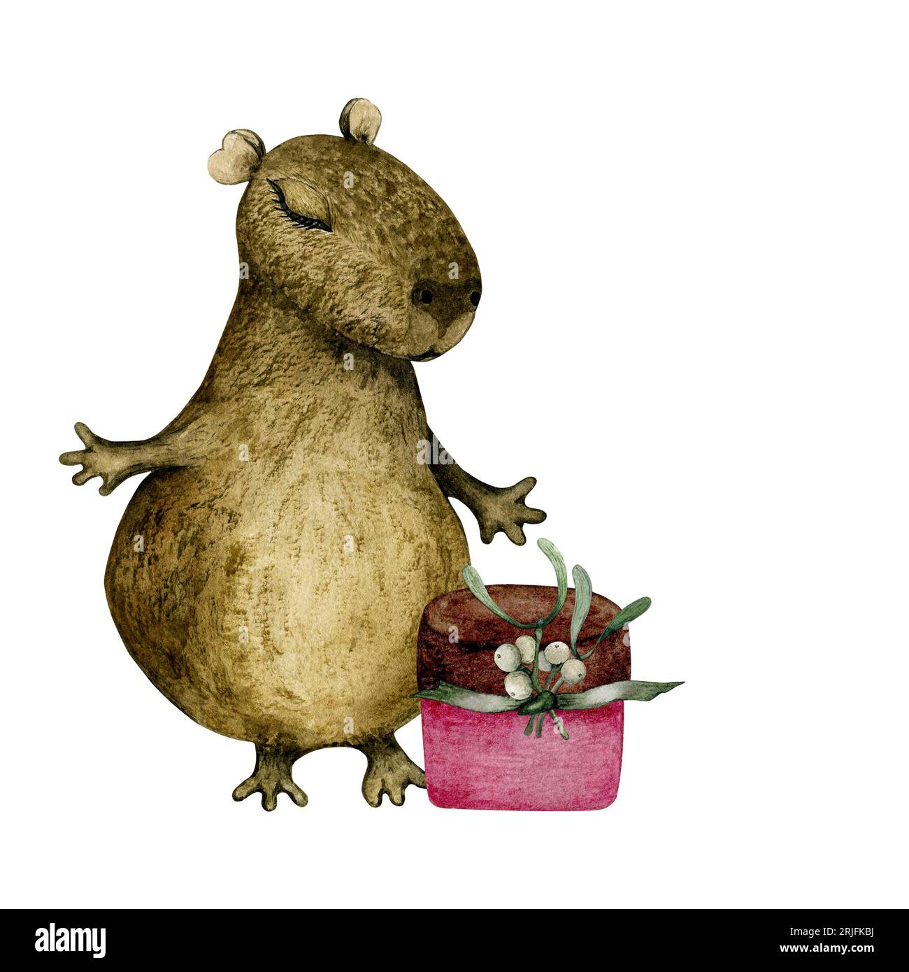 Carino animale sudamericano. Capybara. Regalo di Natale. mistletoe. Illustrazione ad acquerello isolata Foto Stock