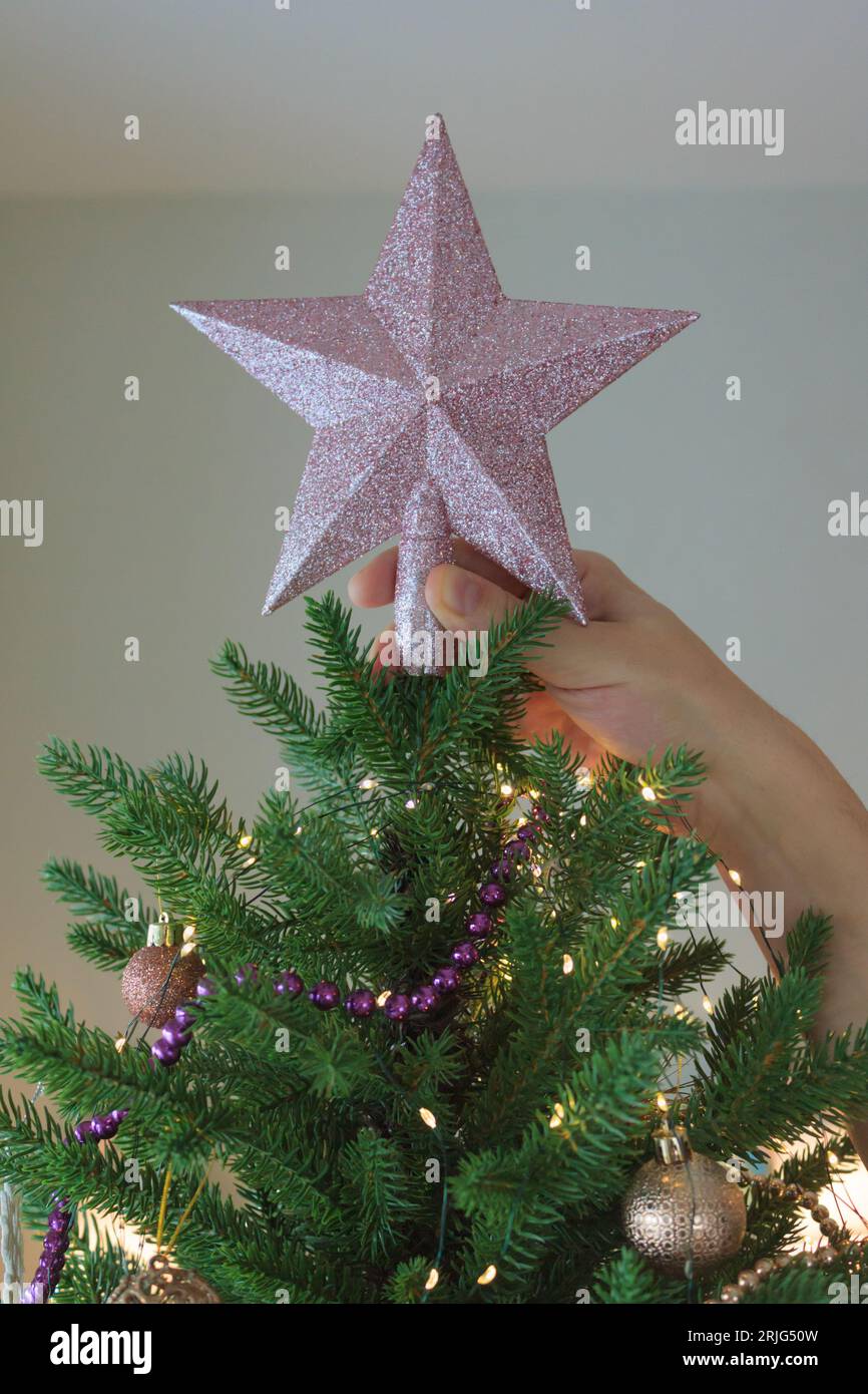 Un albero di Natale natalizio con una ghirlanda luminosa, perline e una stella in cima. Foto Stock