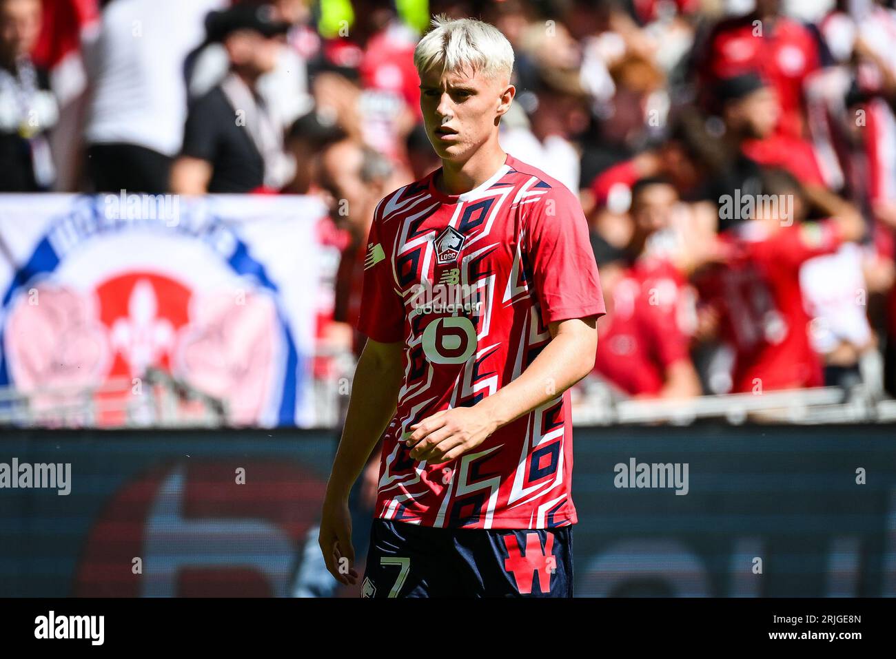 Hakon ARNAR HARALDSSON di Lille durante la partita di calcio del campionato francese di Ligue 1 tra il LOSC Lille e l'FC Nantes il 20 agosto 2023 allo stadio Pierre Mauroy di Villeneuve-d'Ascq vicino a Lille, in Francia Foto Stock