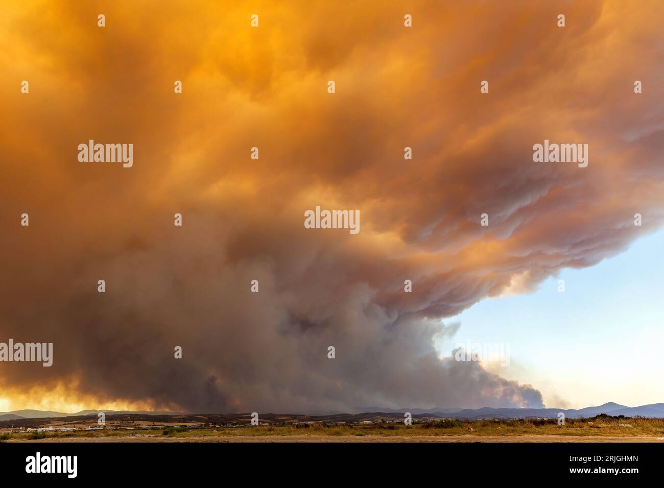 Devastante incendio ad Alexandroupolis Evros, Grecia, disastro ecologico e ambientale, fumo copriva il cielo. Foto Stock