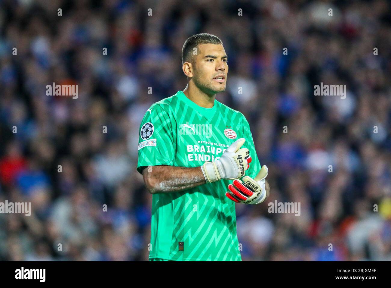 Glasgow, Regno Unito. 22 agosto 2023. Nella prima tappa della UEFA Champions League, i Rangers affrontarono il PSV Eindhoven all'Ibrox Stadium di Glasgow, Regno Unito. Questa fu la prima tappa con la seconda partita che si disputò allo stadio di Eindhoven il 30 agosto 2023, quando il vincitore cumulativo passerà alla fase a gironi. Crediti: Findlay/Alamy Live News Foto Stock