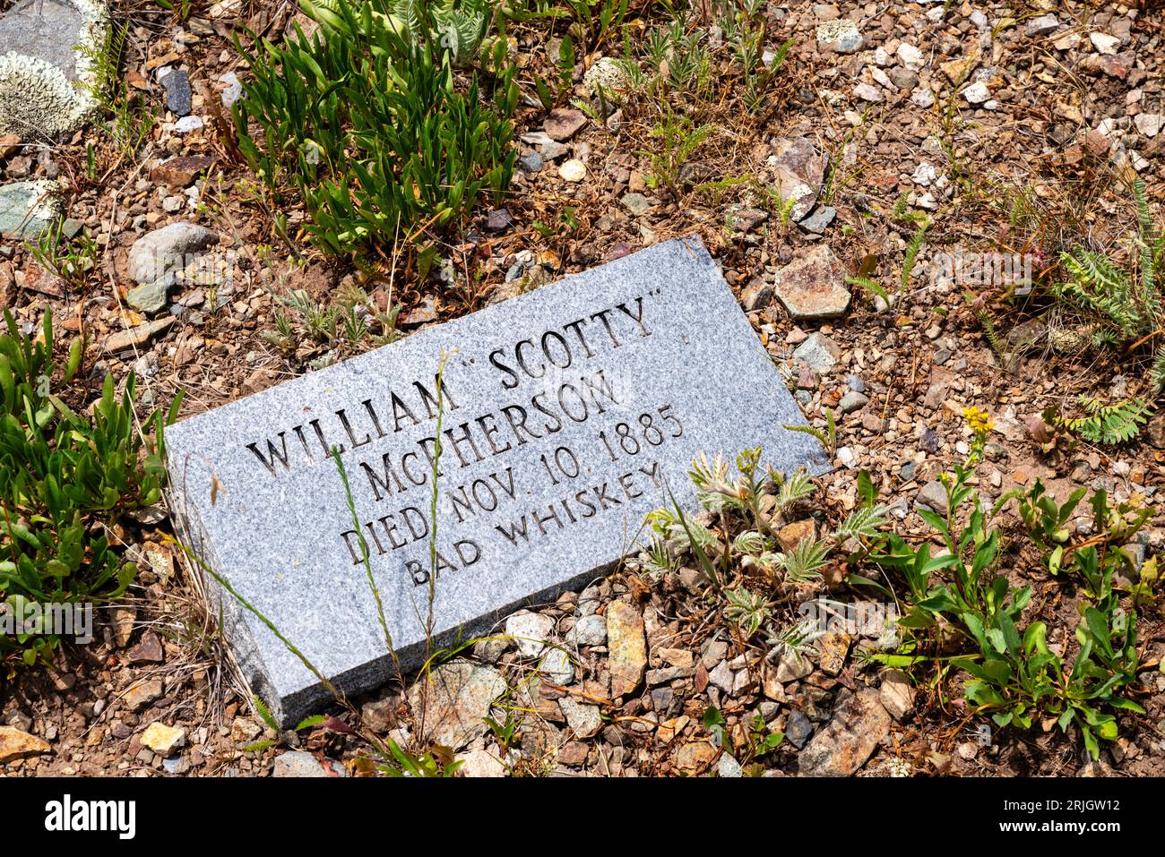 Le vecchie lapidi del cimitero di Silverton Hillside offrono brevi epitaffi sui propri cari. Silverton, Colorado, Stati Uniti. Foto Stock