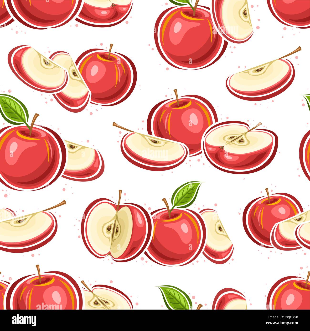 Mele Vector Red motivo senza cuciture, sfondo ripetuto con composizioni fruttate di mele rosse con foglie verdi per confezionare la carta, poster quadrato con Illustrazione Vettoriale