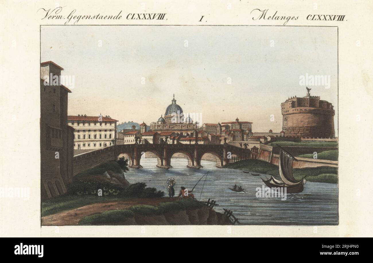 Vista sul Ponte Sant'Angelo e Castel Sant'Angelo, Roma. Pons Aelius era un ponte romano completato dall'imperatore Adriano che conduceva al suo mausoleo. Incisione in copperplate a mano da Carl Bertuch's Bilderbuch fur Kinder (Picture Book for Children), Weimar, 1813. Un'enciclopedia in 12 volumi per bambini illustrata con quasi 1.200 tavole incise su storia naturale, scienza, costume, mitologia, ecc., pubblicato dal 1790-1830. Foto Stock