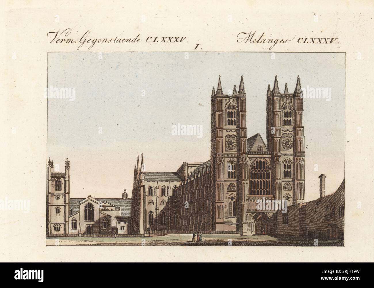 Vista dell'Abbazia di Westminster e di St Margaret's Church, Londra. Costruita per la prima volta nel 616 dal re anglosassone Sebert, distrutta dai danesi, ricostruita da Guglielmo il Conquistatore dopo il 1066, e ampliata da Enrico VIII, le due torri gotiche furono aggiunte da Sir Christopher Wren. Incisione in copperplate a mano dal Bilderbuch fur Kinder (Libro dei quadri per bambini) di Carl Bertuch, Weimar, 1813. Un'enciclopedia in 12 volumi per bambini illustrata con quasi 1.200 tavole incise su storia naturale, scienza, costume, mitologia, ecc., pubblicato dal 1790-1830. Foto Stock