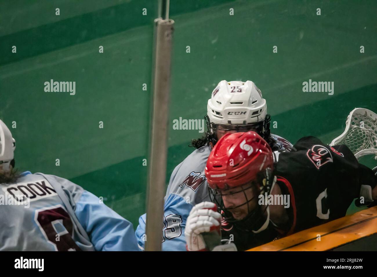 Edmonton, Canada. 20 agosto 2023. Calgary Mountaineers (blu/grigio) Riley Isaacs (29) schiaccia Burlington Blaze Captain (nero/rosso) Andrew Vandenberg (6) nelle tavole della Minto Cup Day 2 tra Calgary Mountaineers e Burlington Blaze alla Bill Hinter Arena.Calgary Mountaineers vs Burlington Blaze, 6:8 credito: SOPA Images Limited/Alamy Live News Foto Stock