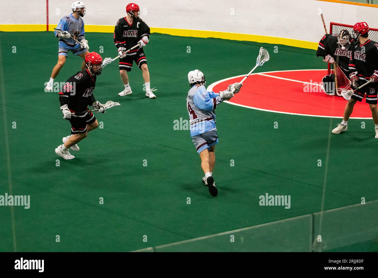 Edmonton, Canada. 20 agosto 2023. Calgary Mountaineers (blu/grigio) Nathan Lam (14) spara un colpo al portiere Burlington Blaze (nero/rosso) Deacon Knott (26) in Minto Cup Day 2 azione tra Calgary Mountaineers e Burlington Blaze alla Bill Hinter Arena.(L a destra (9) Connor Cook, (20) Owen Tasse, (6) Andrew Vrandenberg, (14) Nathan Lam, (30) Deacon Knott Calgary Mountaineers vs Burlington Blaze, 6:8 (foto di Ron Palmer/SOPA Images/Sipa USA) credito: SIPA USA/Alamy Live News Foto Stock