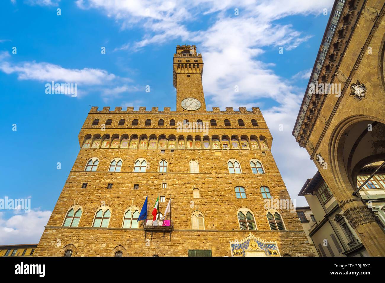 Vista di Palazzo Vecchio nel centro di Firenze, giorno in Italia Foto Stock
