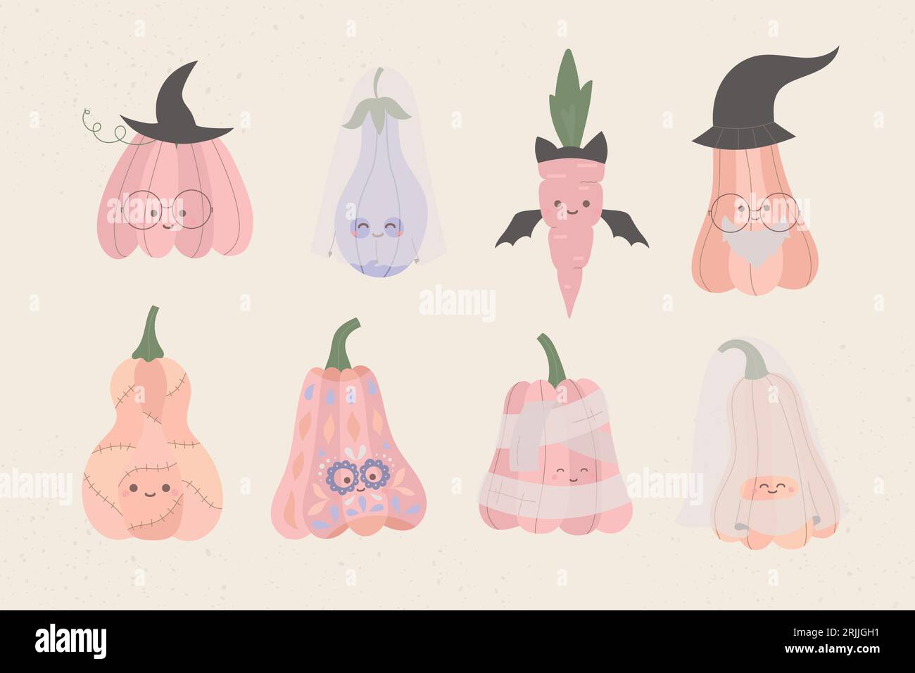 Buon halloween carini personaggi di zucca in pipistrello , zombie, costume fantasma per carte, adesivi. Illustrazione vettoriale per bambini per la festa. Illustrazione Vettoriale