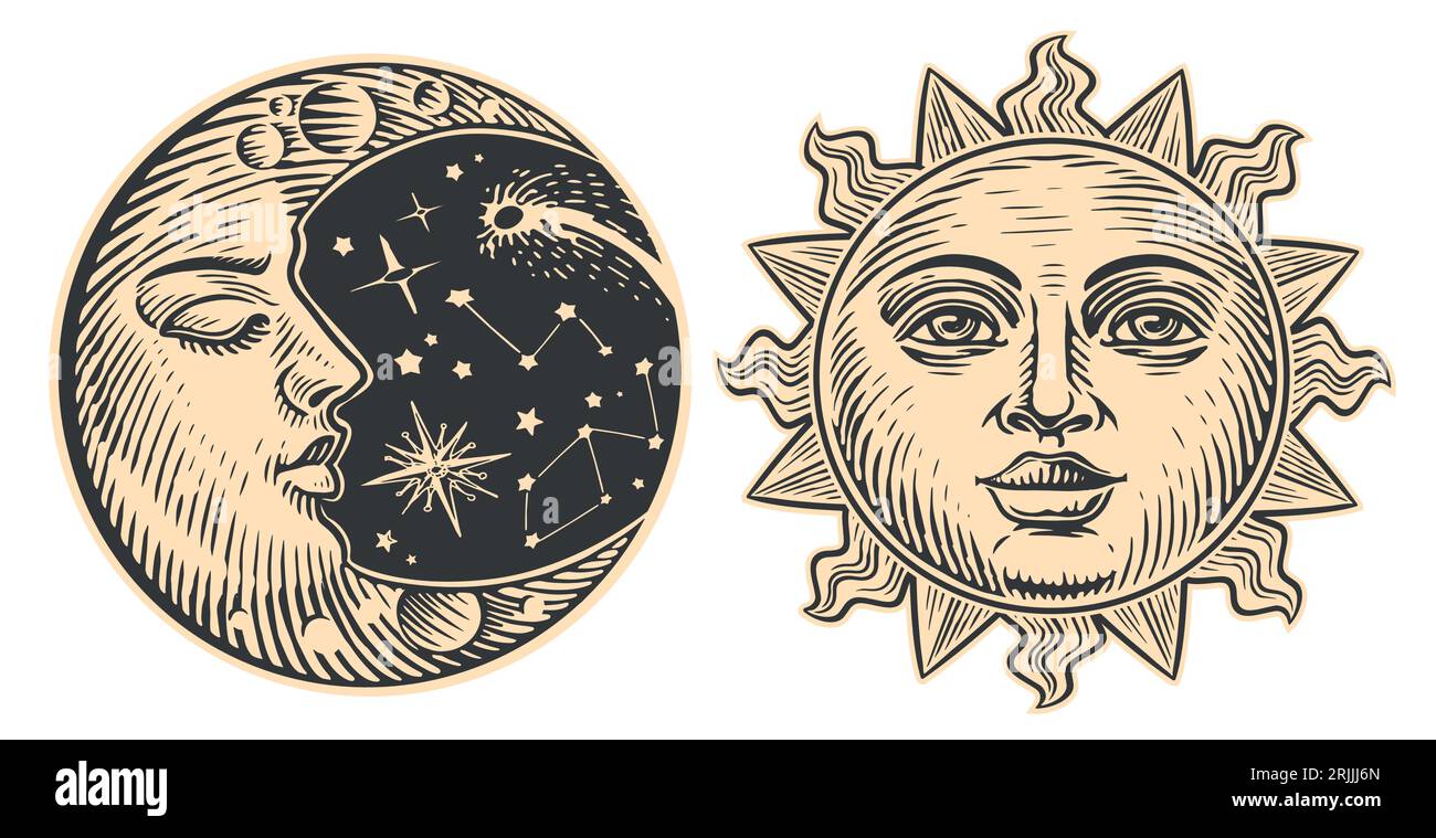 Sole e Luna con faccia. Concetto giorno e notte. Illustrazione vettoriale d'epoca disegnata a mano stile di incisione astrologica Illustrazione Vettoriale