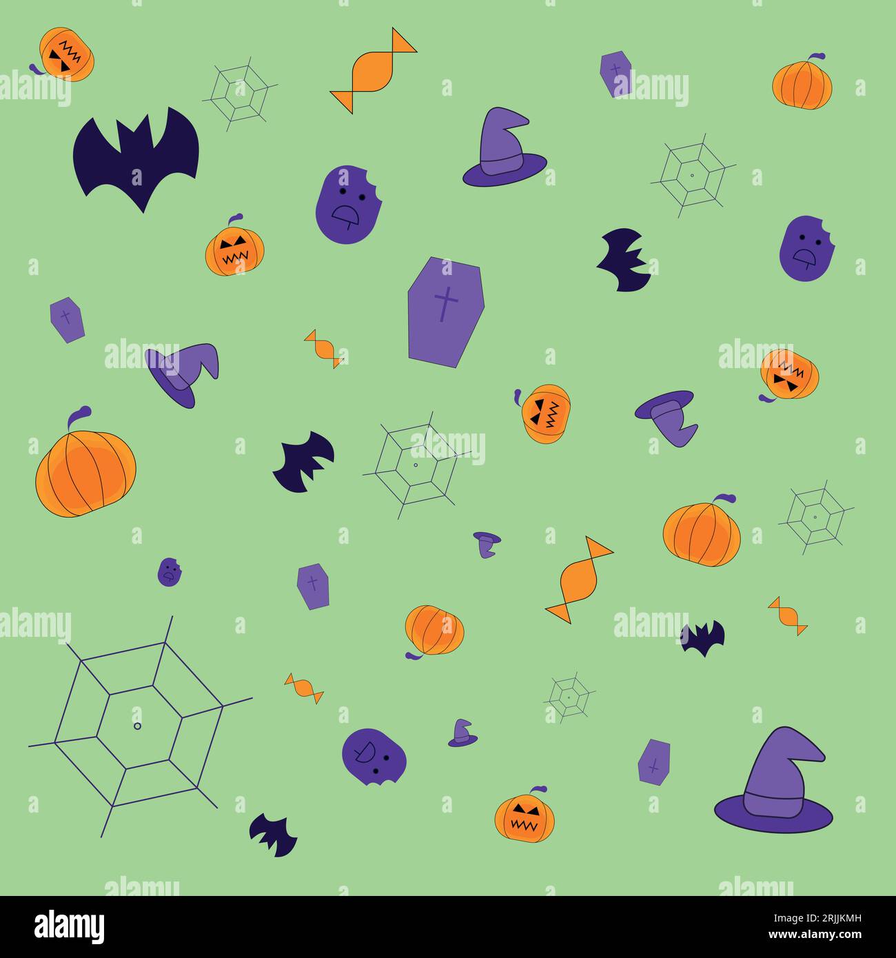 Simpatico motivo di halloween. Halloween colora l'illustrazione vettoriale. Zucca, pipistrello, bara, cappello da strega, caramelle e ragnatela. Illustrazione Vettoriale