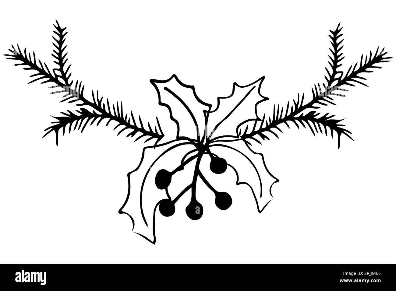 Struttura a ramo di pino con Mistletoe e bacche in stile doodle isolate su sfondo bianco. Bordo carino, design semplice. Illustrazione vettoriale Illustrazione Vettoriale