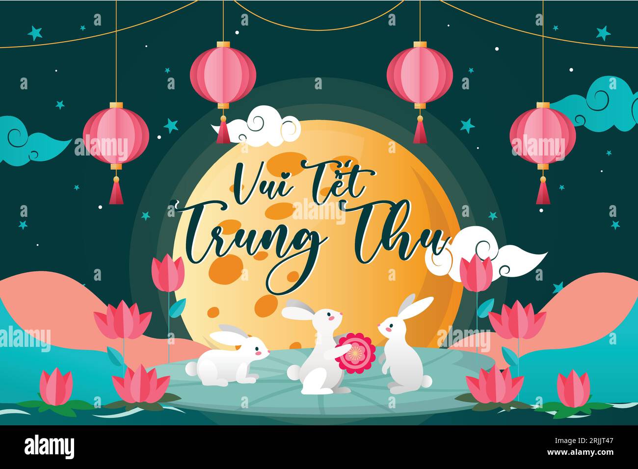 Biglietto d'auguri per il festival di metà autunno con lanterne e coniglio. Illustrazione vettoriale. Illustrazione Vettoriale