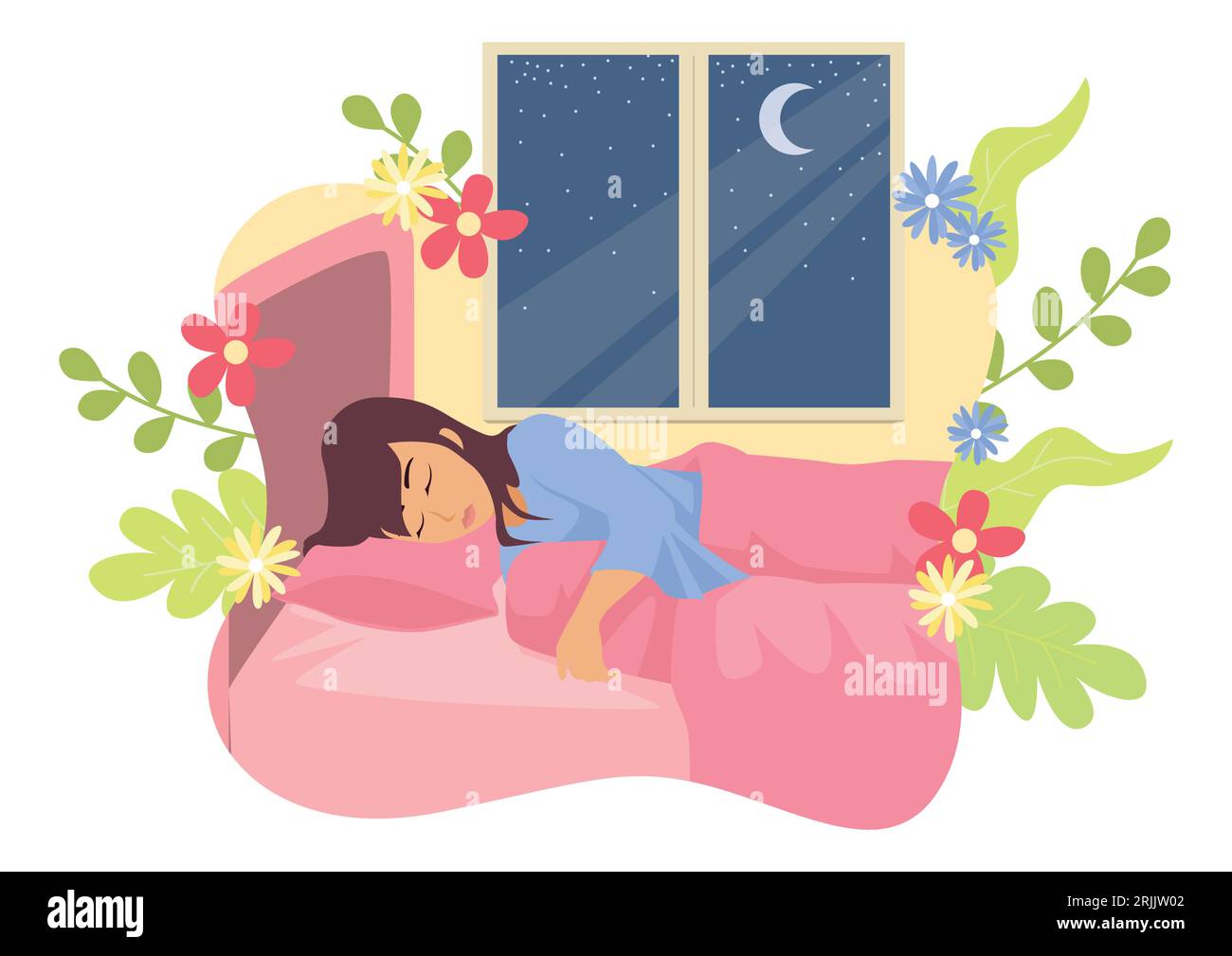 Semplice illustrazione vettoriale piatta di una donna che dorme in lei letto con natura decorativa come sfondo Illustrazione Vettoriale