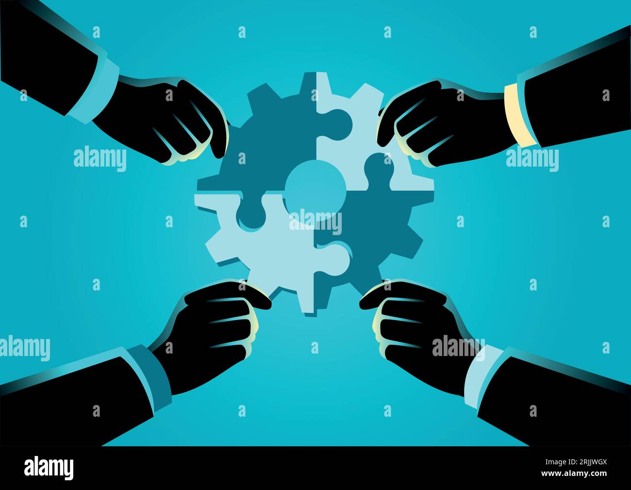 Business concept vettoriale illustrazione di mani di persone diverse assemblare puzzle formare un ingranaggio, aiuto, supporto, lavoro di squadra, concetto di soluzione. Illustrazione Vettoriale