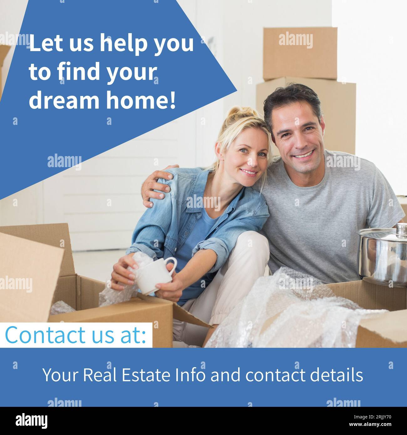 Composito di Let US help you to find your Dream home text over caucasian Couple with moving boxes Foto Stock