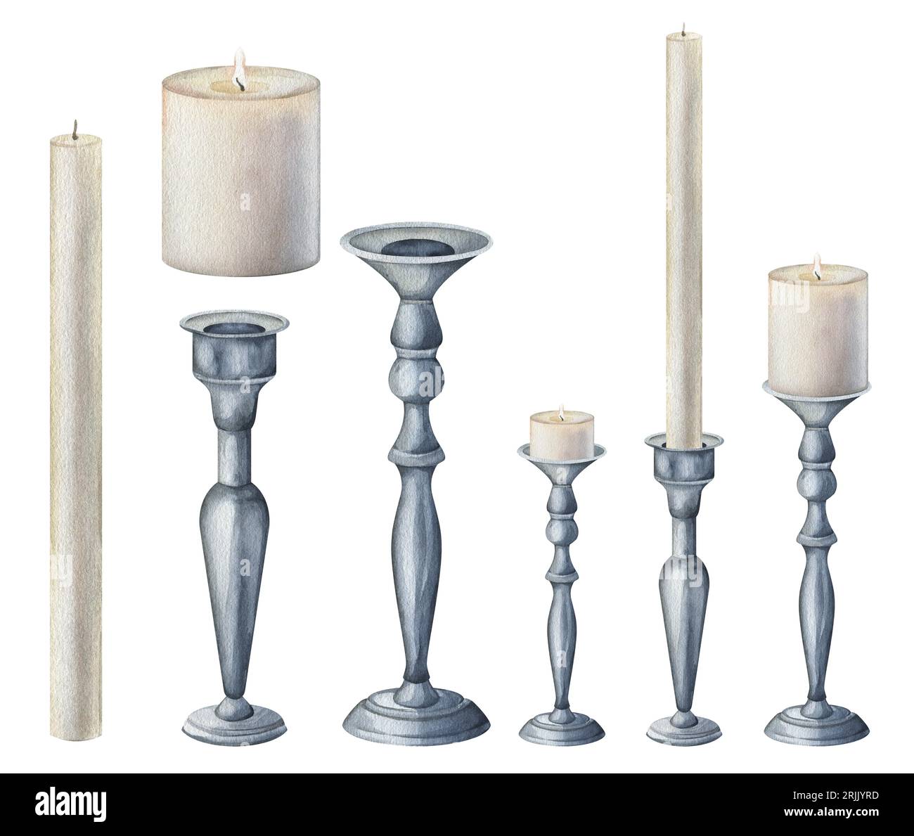 clipart candela a candeliera ad acquerello. Illustrazione isolata disegnata a mano su sfondo bianco. Halloween, horror gotico, Witch Burning. stampa su Foto Stock