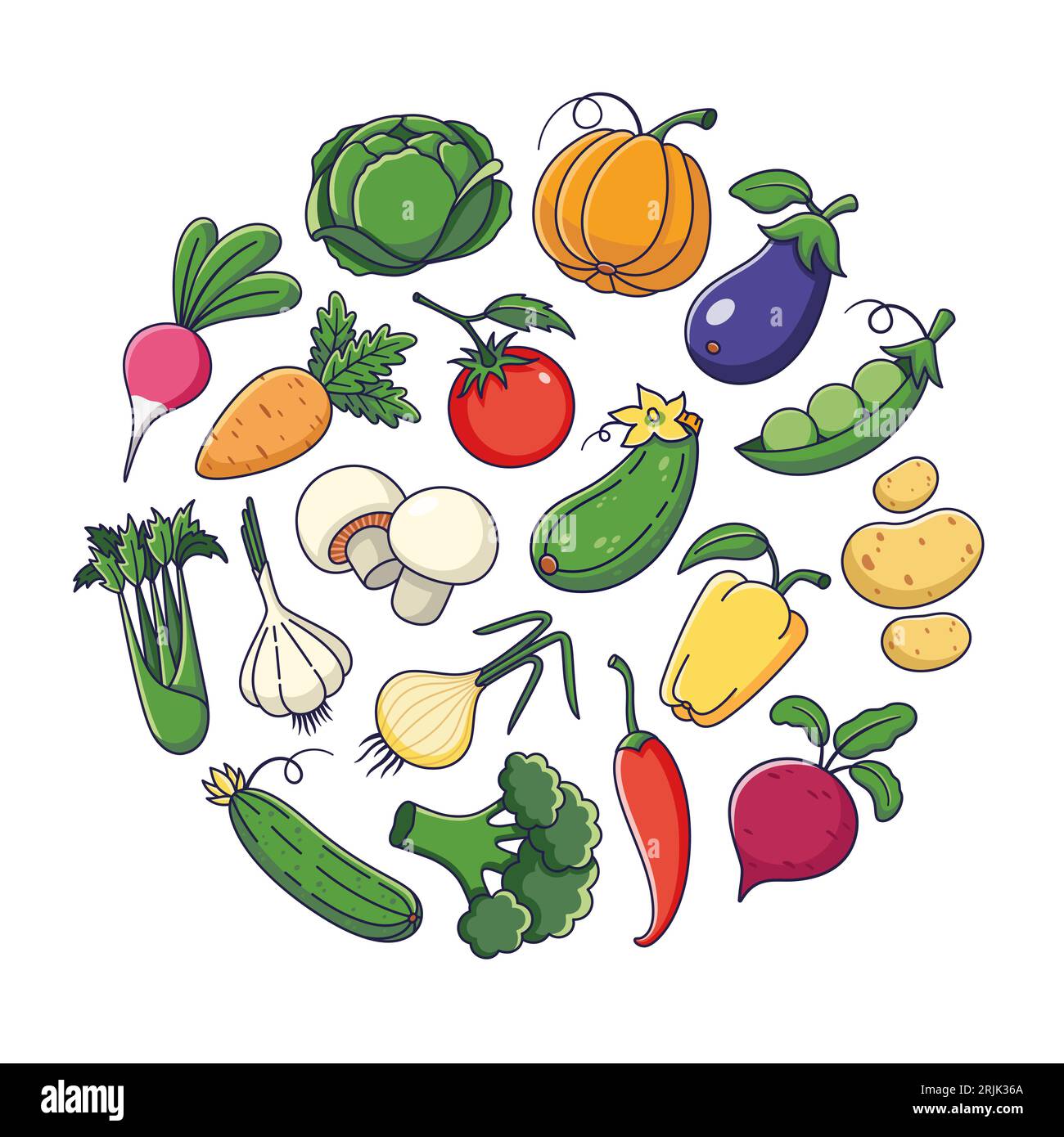 Verdure carine in stile cartone animato. Delineare la raccolta delle verdure. Icone vegetariane, adesivi, mascotte. Illustrazione vettoriale isolata su sfondo bianco. Illustrazione Vettoriale