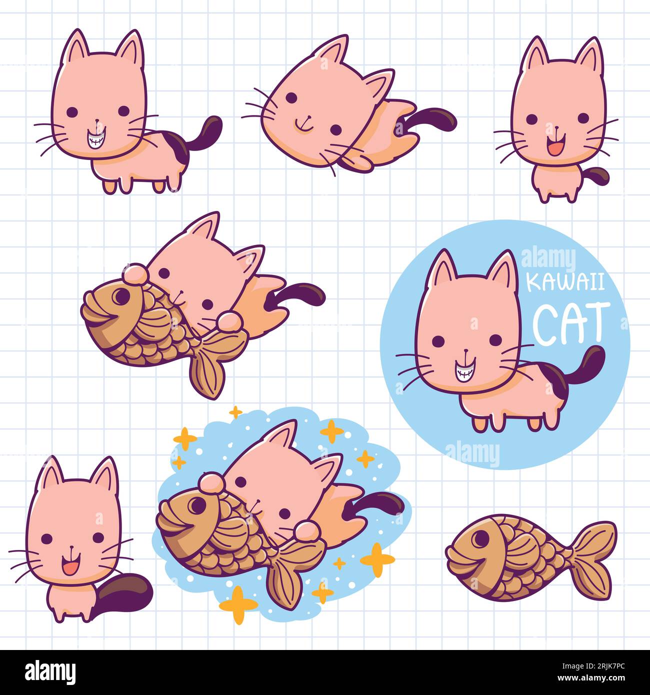 Illustrazione vettoriale del carino set di personaggi kawaii, disegnata a mano Illustrazione Vettoriale