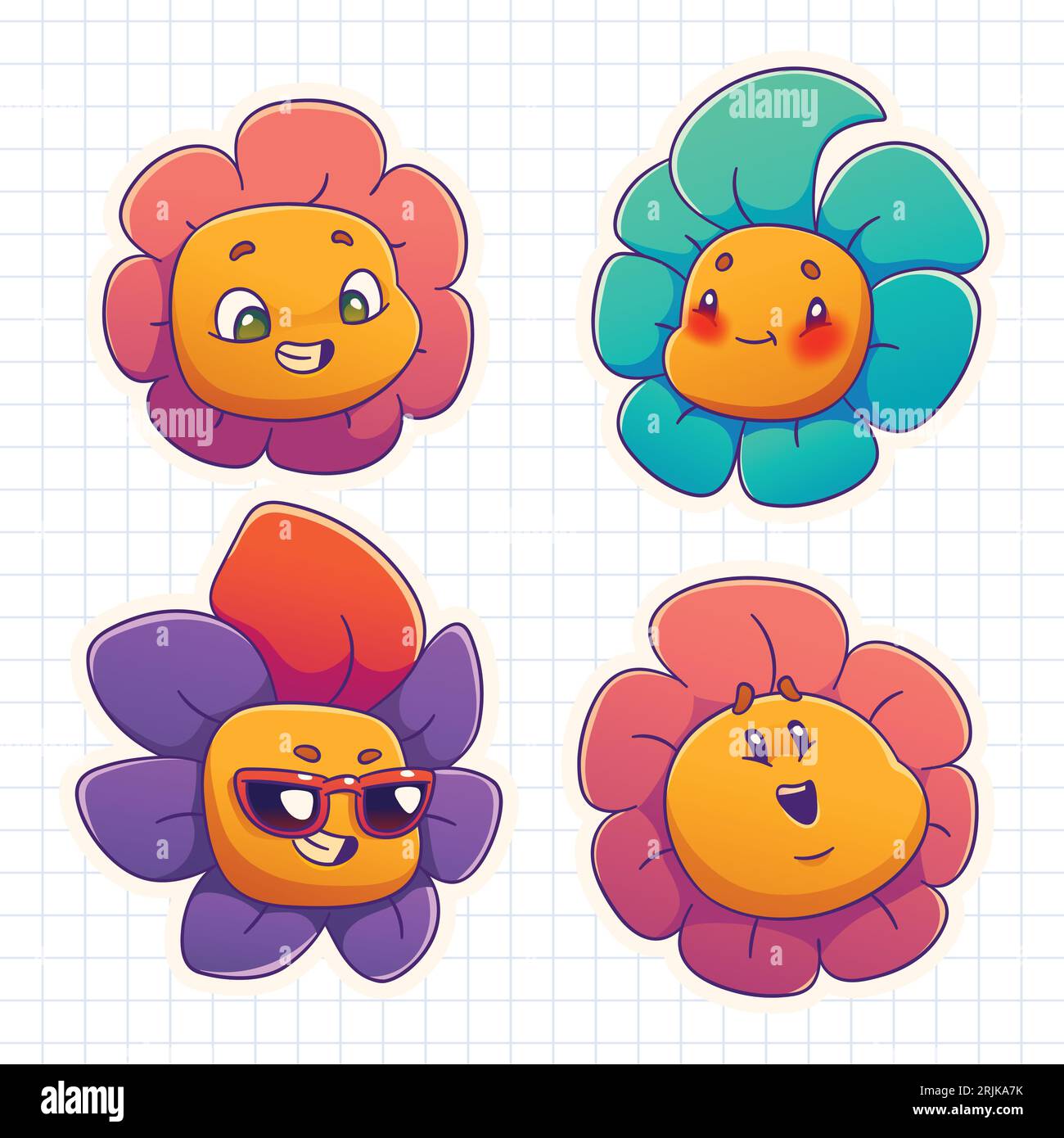 Set di graziosi fiori da cartoni animati. Illustrazione vettoriale su una pagina del notebook. Illustrazione Vettoriale